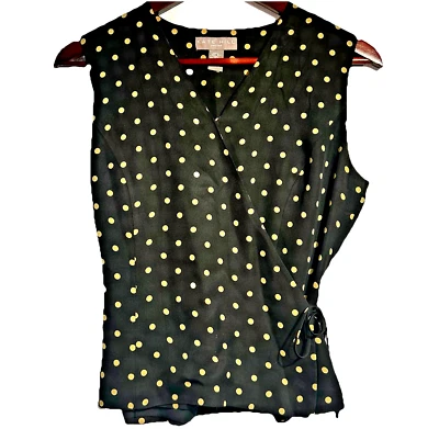 Blusa sin mangas Kate Hill para mujer talla 8 Petite envolvente de seda negra dorada a lunares Foto 1 de 4