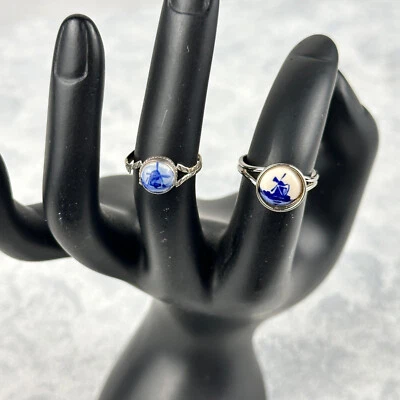 Juego de 2 Anillos Tono Plata Azul y Blanco Delft Holanda Molino de Viento 1 Ajustable Foto 1 de 4