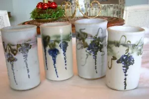 4 HARTSONE KERAMIK 1990 HANDBEMALTE GLYZINIEN STEINZEUG TASSEN - Bild 1 von 7