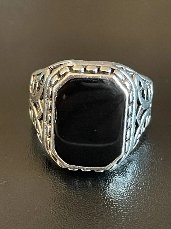 Шестиугольный черный обсидиан драгоценный камень S925 серебро покрытием мужчин женщин кольцо размер 9 - Изображение 1 из 4