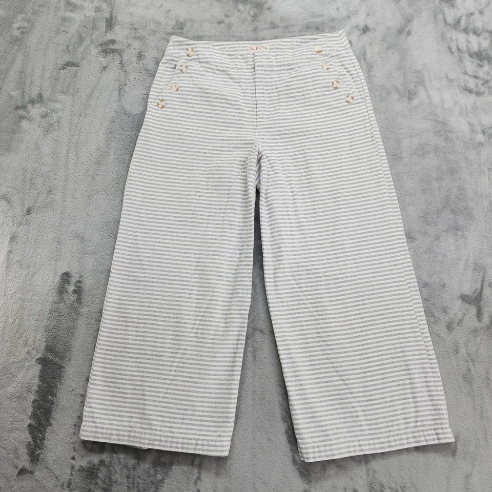 Pantalones Merona Mujer 8 Gris Blanco Rayas Pierna Ancha Corto Botón Bolsillo Náutico Foto 1 de 4