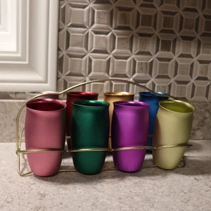 MIRRO Vintage Aluminum Tumblers Colored, 5.5" Drinking Cups, W/Carrier - Picture 1 of 9