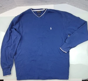 Polo Ralph Lauren LS Thermal Waffle Knit Mens L Navy Shirt Pullover V White Trim - Picture 1 of 18