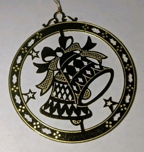 Two 2 Bells With Holly Berries Stars Gold Toned Christmas Ornament Metal EUC HTF - Picture 1 of 4