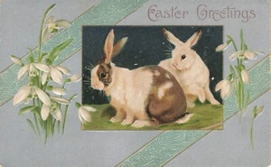 Winsch Ostergrüße geprägte Postkarte Hasen Blumen - Bild 1 von 2