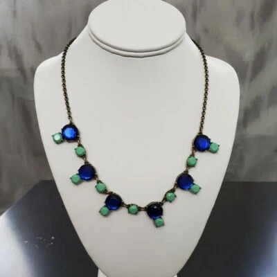 J. Crew Necklace Mint Green Resin Stones Blue Stones Brass Colored Chain 21" - Image 1 of 4