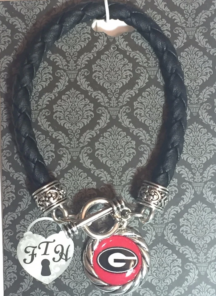 New Georgia Bulldogs Braided Faux Leather Charm Bracelet,Gift for Her Mom - Image 1 of 1