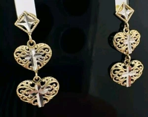 10K Dainty Yellow/White Gold Filigree Heart Cross Dangle Earrings 22mm .9g - Picture 1 of 2