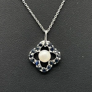 Sterling Silver 925 Lab-Created Sapphire & Pearl Clover Pendant Necklace 18" - Picture 1 of 10