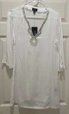 Nicole Miller Mujer Camisa Cuentas Blanca Cubre Túnica, Nueva Con Etiqueta Pequeña Foto 1 de 4