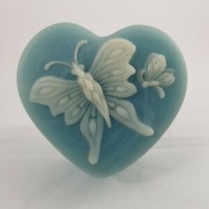 Robert Nemith Blue Incolay Heart Shape with Carved Butterflies Trinket Box