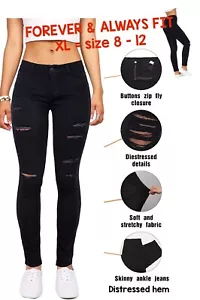WOMENS BLACK DISTRESSED STRETCH SKINNY JEANS SIZE 8 - 12 DENIM Waist 30” 31” XL - Picture 1 of 12