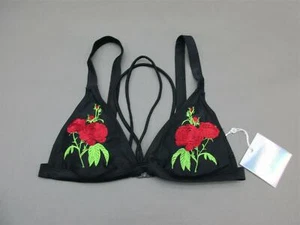 NWT Missguided Size 6 Black Embroidered Padded Wireless Bikini Top 3B - Picture 1 of 6