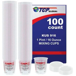 16-Ounce (1 Pint) Paint & Epoxy Mixing Cup Calibrated Ratios - 100 Cups/12 Lids - Picture 1 of 5