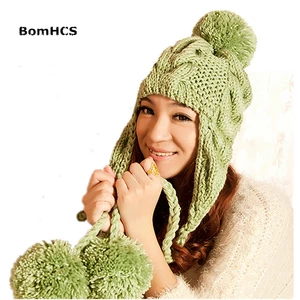 BomHCS Women's Thick Cable Handmade Knit Beanie Ear Muff Warm PomPom Ball Hat - Picture 1 of 22