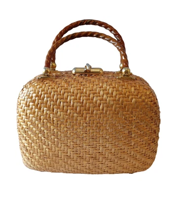 Cartera de mimbre Koret Caramelo Cesta Tejido Oro Metal Herrajes Mango Espiral Años 60 Foto 1 de 4