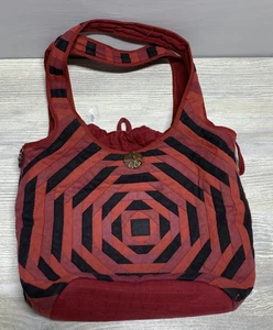 Shoulder Bag Womens Boho Quilted Patchwork Hobo Red Black Drawstring Wood Button - Picture 1 of 10