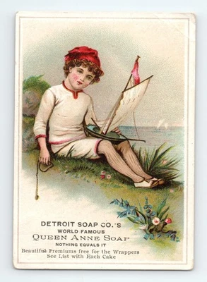 Detroit Queen Anne Soap Art Gallery Boy Toy Sailboat Trade Card 183 Dix Ave VTG - Image 1 of 2