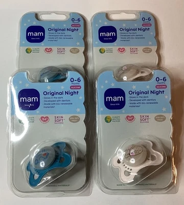 全新 4X MAM 原装 夜晚 0-6 个月 2X 蓝色和 2X 白色硅胶奶嘴 — 第 1/3 张图片