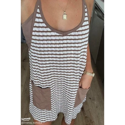 Brown Stripe Sleeveless Mini Dress with Pockets Summer Casual Comfy - Image 1 of 4