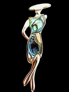 Sterling Silver Blue Green Maori Abalone Paua Shell 1950s Deco Lady Pendant New - Picture 1 of 8