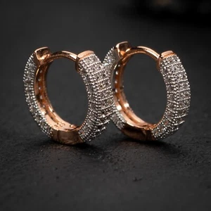 Rose Gold Plated Iced Mens Two Tone Sterling Silver  Huggie Hoops Earrings - Picture 1 of 5