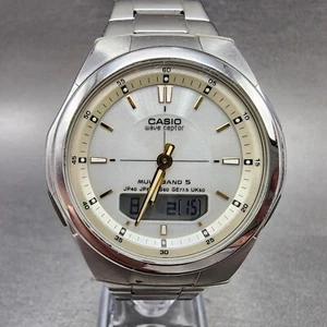 Casio Wave Ceptor Solar Watch Men 41mm White Dial Analog Digital Steel Runs - Picture 1 of 11