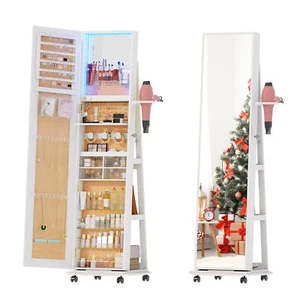 360° Rotating Jewelry Organizer Full Length Mirror with Back Storage Shelves - Picture 1 of 24