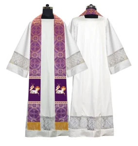 Violet Clergy Stole with Embroidered Agnus Dei Motif - Liturgical Vestment - Picture 1 of 2