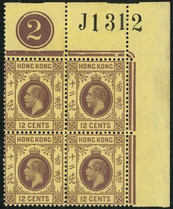 Hong Kong 1921 KGV Definitive (2nd issue) 12c Blk of 4 with Requisition No. "J" - Picture 1 of 2