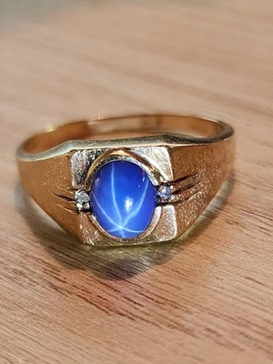 Vintage 1970's 10K Brushed Gold Men's Blue Star Sapphire & Diamond Ring, Size 12 - Image 1 of 4