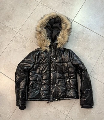 Fashion Nova Women’s Small Faux Leather Puffer Jacket With Faux Fur Hood - Image 1 of 4