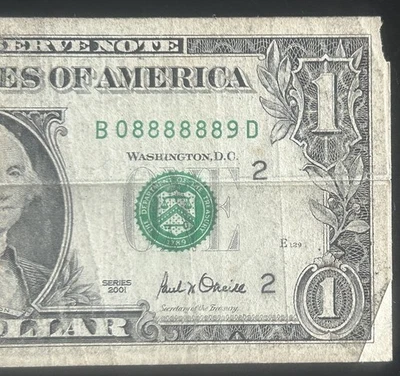 (6 IN A ROW!) $1 6 In A Row 8s Rare Fancy Serial Number B08888889D Series 2001 - Image 1 of 4