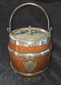 Antique English Oak And Silver Plate Biscuit Barrel Jar With Porcelain Liner - Picture 1 of 8