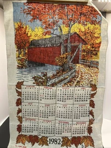1982 Tea Towel Linen Fabric Hanging Wall Calendar Fall Colors Red Covered Bridge - Picture 1 of 8