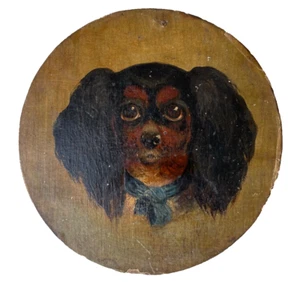 19th CENTURY BRITISH MINIATURE - DOG PORTRAIT OIL  - CAVALIER KING CHARLES HEAD. - Picture 1 of 11