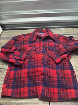 Pendleton Vintage Wool Board Shirt Red Plaid Pattern 70s Button Up Shacket - Image 1 of 4