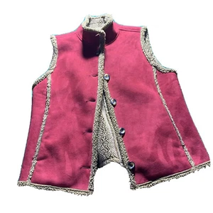 L L Bean Sherpa Suede Vest Womens MED Red Tan Jacket Button Ski Fashion - Picture 1 of 8