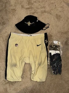 NFL TEAM ISSUED NEW ORLEANS SAINTS CESAR RUIZ PRACTICE PANTS, BUCKET HAT, GLOVES - Picture 1 of 14