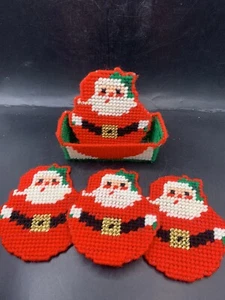 4 Christmas Santa Claus Coasters w/ storage  handmade w/ plastic canvas & yarn - Picture 1 of 9