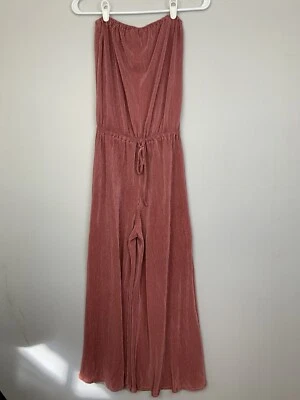Blue Life Sz XS Mauve Pink Strapless Micro Pleated Ribbed Wide Leg Jumpsuit - Image 1 of 4