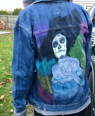Chaqueta de Jean Calavera Denim Pintada a Mano Hippie Boho Arte Festival Novio Ajuste Talla M Foto 1 de 4