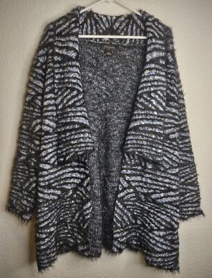 Investments Fuzzy Knit Cardigan Sweater Women's 1X Long Black Blue Striped Boho - Image 1 of 4