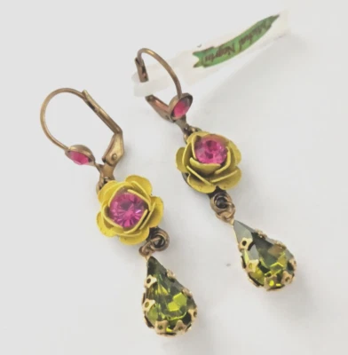 Michal Negrin Earrings Yellow Rose Hot Pink Fuchsia and Swarovski Crystals Gift - Image 1 of 4
