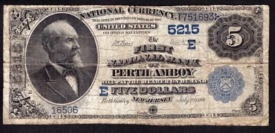 1882 VALUE BACK $5 FIRST NATIONAL BANKNOTE PERTH AMBOY NEW JERSEY CHOICE FINE - Image 1 of 3