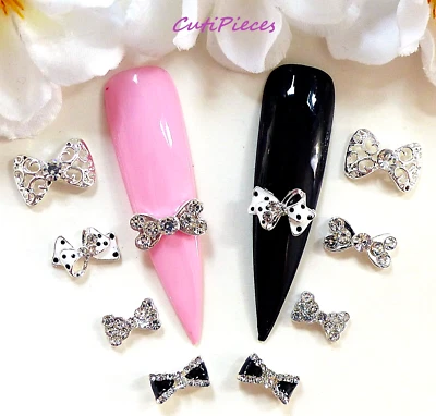 Arte en uñas 3D brillo *mezcla de arco de estrás* gemas de punta de aleación de metal plateado negro blanco y negro Foto 1 de 3