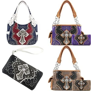 Justin West Concealed Carry Floral Studs Laser Cut Cross Handbag Purse Wallet - Picture 1 of 140