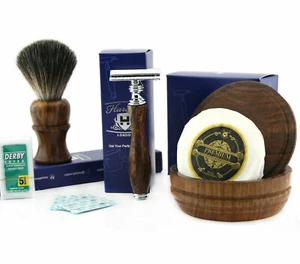 Kit de afeitado para hombre con cepillo de afeitado sintético y afeitadora de seguridad de doble filo - Imagen 1 de 2