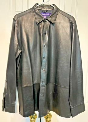Chaqueta Camisa de Cuero Italiana Lauren Ralph Lauren Para Hombre, Negra, Talla L, Rara Sin Forro Foto 1 de 4