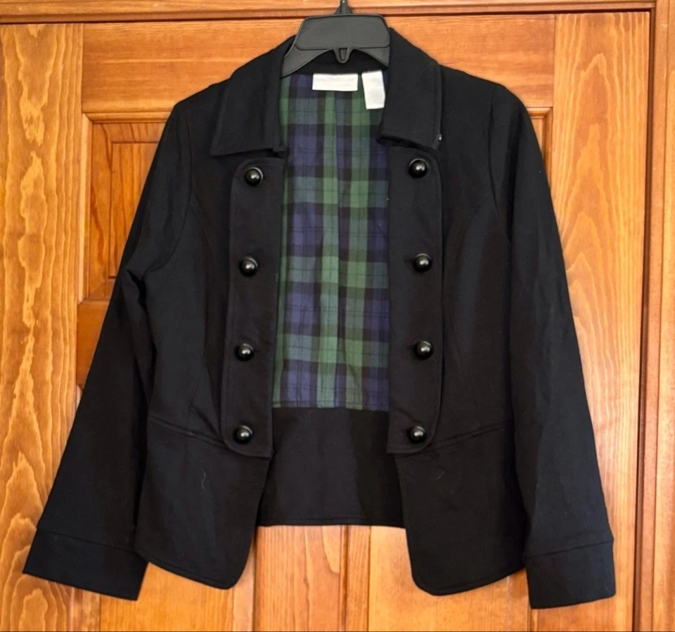 Soft Surroundings Black Military Style Button Jacket XS Plaid Lining - Image 1 of 4